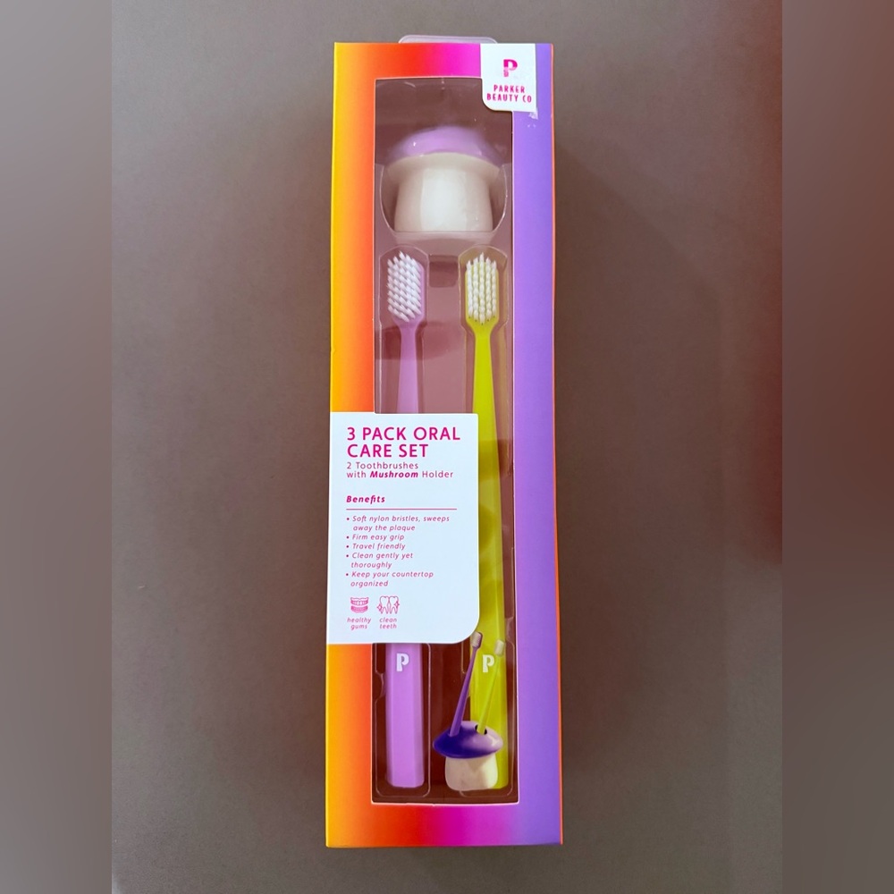 Parker Beauty Co toothbrush ceramic purple mushroom holder gift set oral hygiene